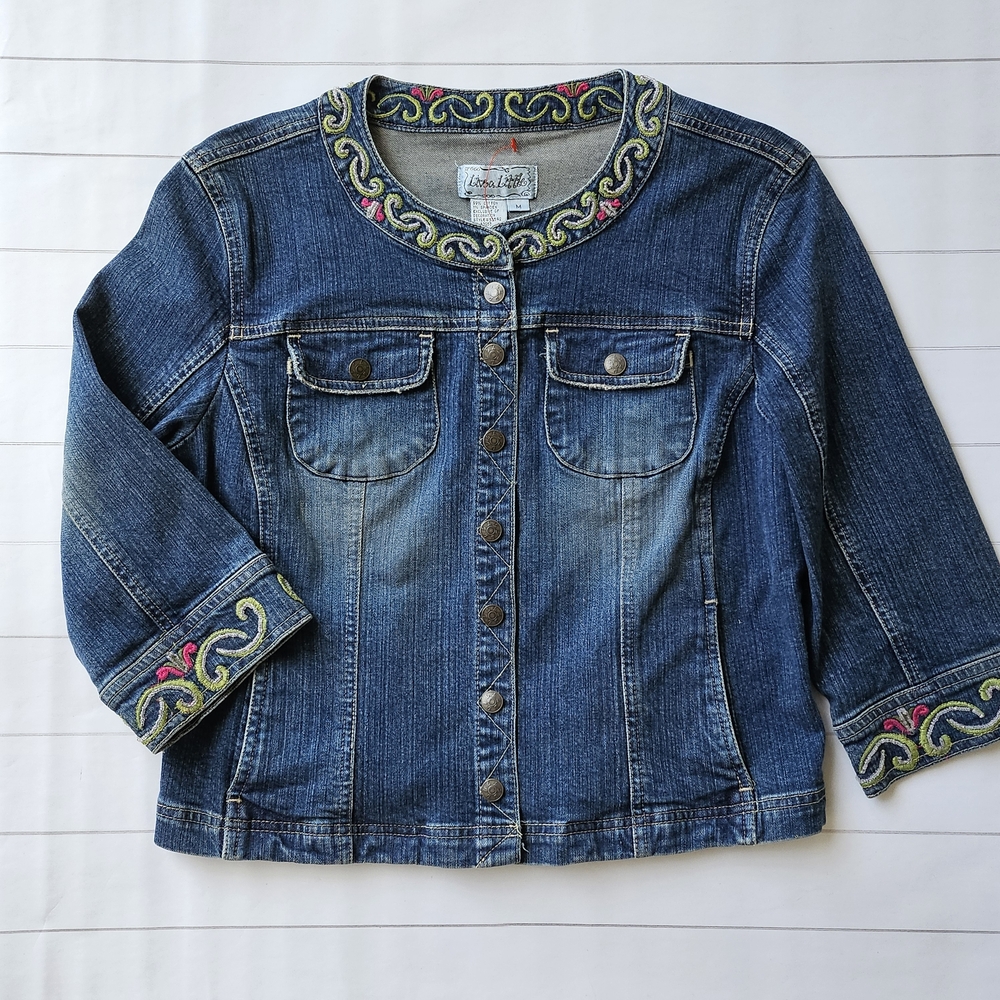 Embellished Denim Jacket 3/4 Sleeve Snap Close M
